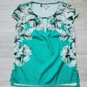 Jennifer Lopez Emerald Green Floral Top Womens Xsp Short Sleeve Keyhole